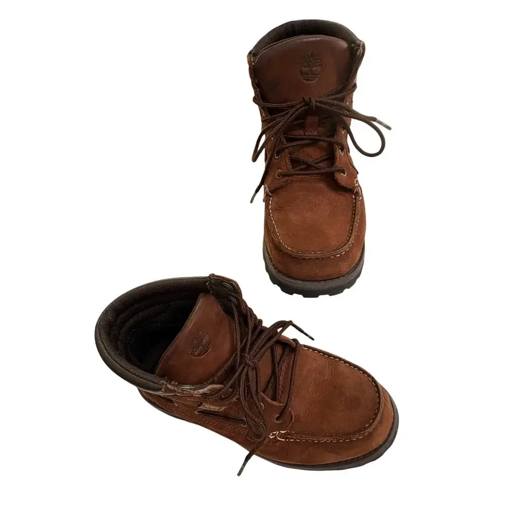 Timberland Boys Boots Size 2 Oakwell Moc-Toe Brown Nubuk Leather Lace-Up Preppy